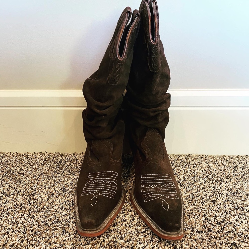 Brown suede cowboy boots